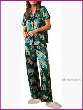 Women's Satin Pajama Set Leopard Print Button Up Pants Sleepwear